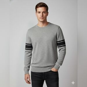 Sonoma Men's NWT Gray Double Striped Sleeves Crewneck Pullover Sweater Size Med